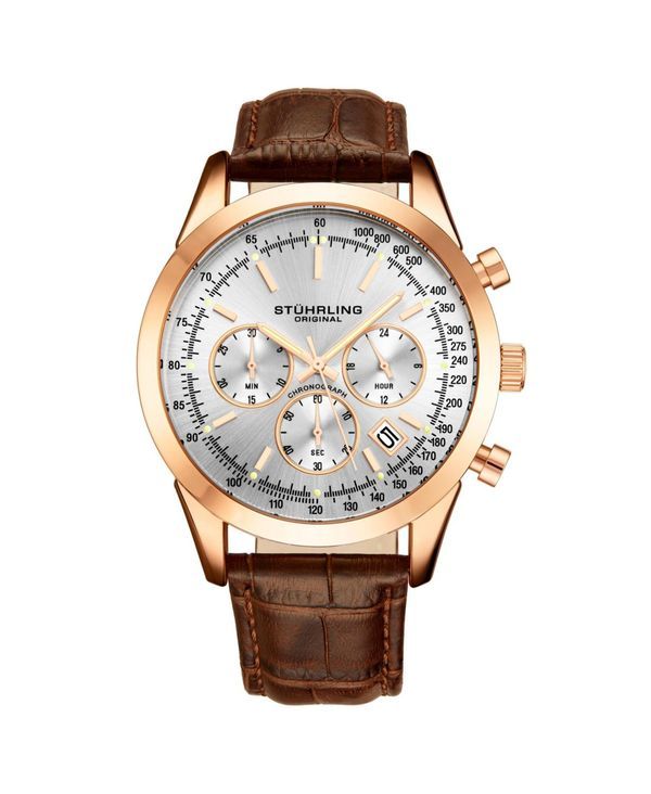 ストゥーリング メンズ アクセサリー 腕時計 レザー Stuhrling Mens Monaco Brown Leather SilverTone Dial 44mm Round Watch Brow