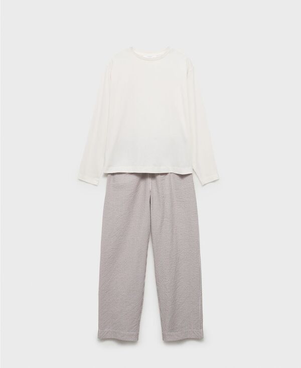 マンゴ レディース アンダーウェア ナイトウェア MANGO Womens 2Piece Seersucker Striped Pajamas Medium Brown ブラウン