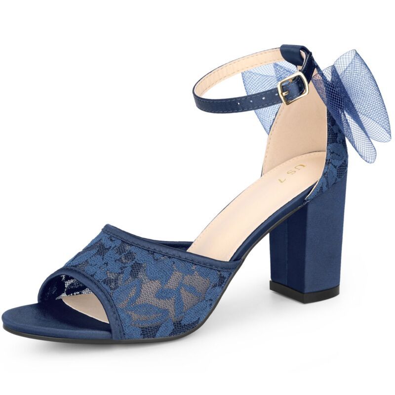 ブリスフルステップ レディース シューズ パンプス サンダル アンクル レース ヒール BLISSFUL STEP Lace Open Toe Bow Ankle Strap Block Heel S
