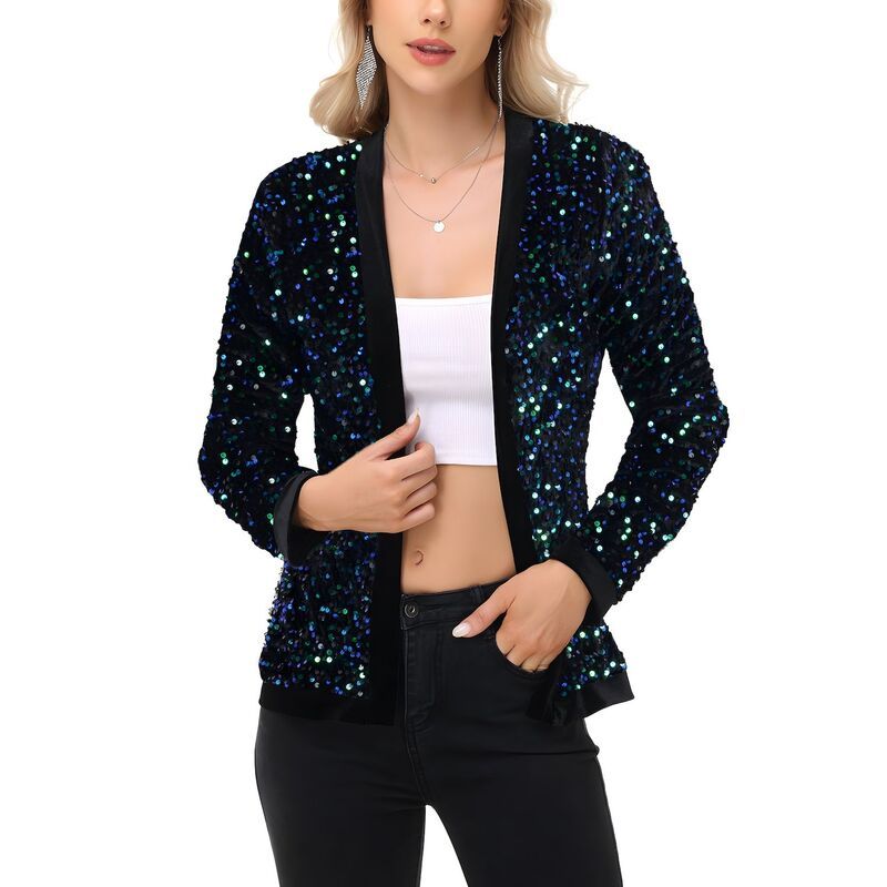 アンナカシ レディース アウター ジャケット・ブルゾン サテン スパンコール AnnaKaci Womens Long Sleeve Open Front Sequin Fashion Jacket