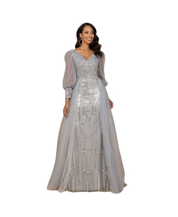 ララ レディース トップス ワンピースカート レース Lara Womens Long Sleeve Lace Gown with Removable Over Skirt Silver シルバー