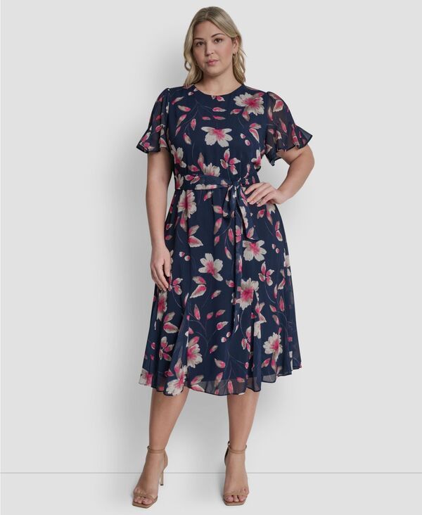 ダナ キャラン ニューヨーク レディース トップス ワンピース ミディ DKNY Womenshort GodetSleeve Jewel Neck Midi Dress Indigo Multi イ