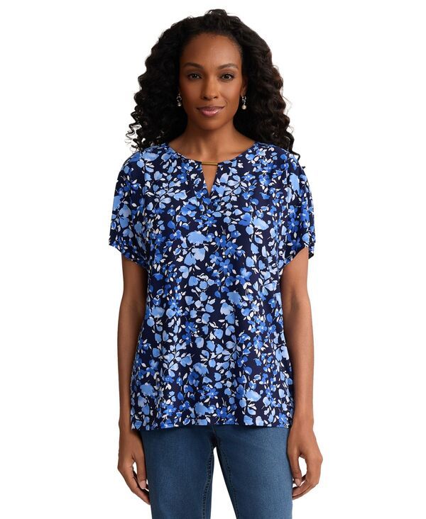 ジョーンズニューヨーク レディース トップス シャツ Jones New York Womens Extend Shoulder Placket Round Neck Topacific Navy M