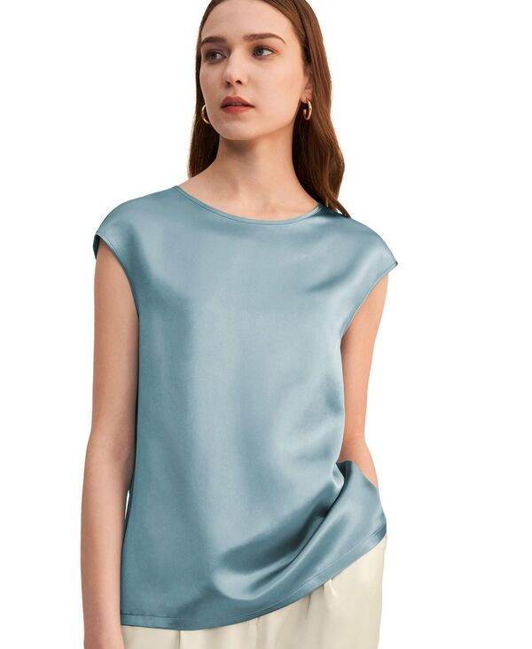 リリーシルク レディース トップス シャツ キャップ LILYSILK Womens Basicap Sleevesilk Tee Bluehaze ブルー