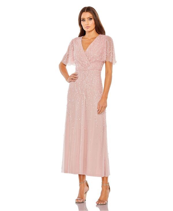 マックダガル レディース トップス ワンピース Mac Duggal Womens Beaded Wrap Over Butterfly Sleeve Dress Rose