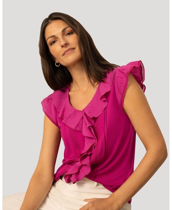 ケーブルアンドゲージ レディース トップス シャツ フリル Cable Gauge Womens Voile Mix Ruffle Trim Top Festival fuchsia フューシャ