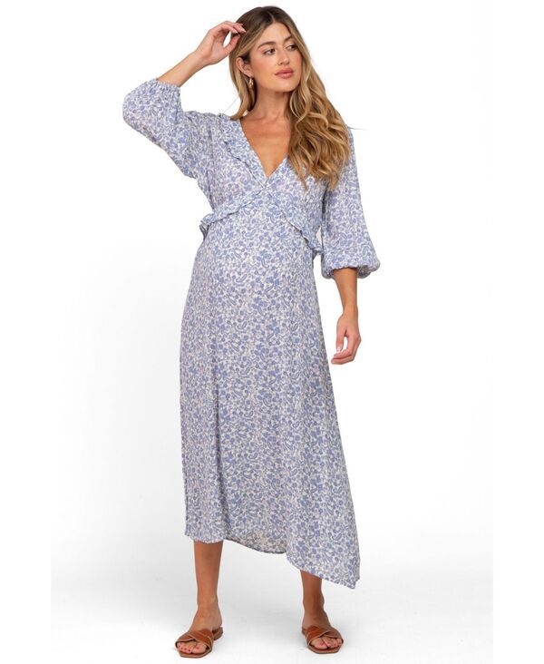 ピンクブラッシュ レディース トップス ワンピース Vネック フラワー柄 フリル ミディ マタニティ フラワー Pinkblush Maternity Blue Floral Ruffle VNeck