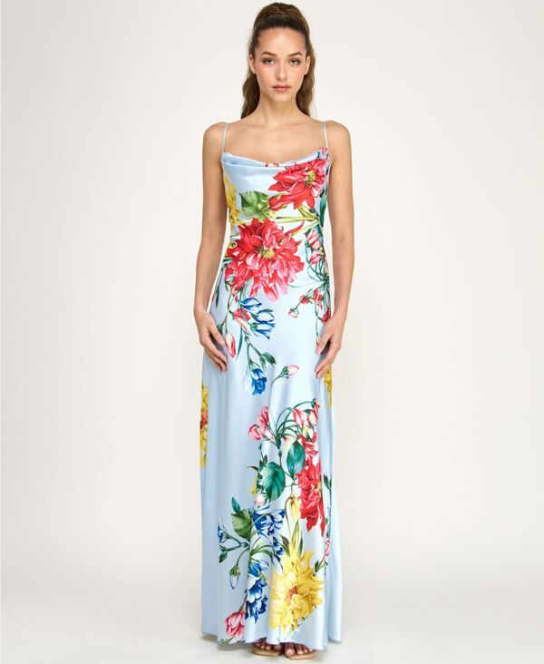 ビーダーリン レディース トップス ワンピース プリント サテン B Darlin Juniors Cowl Neck Printed Spaghetti Strapsatin Gown LT BLU