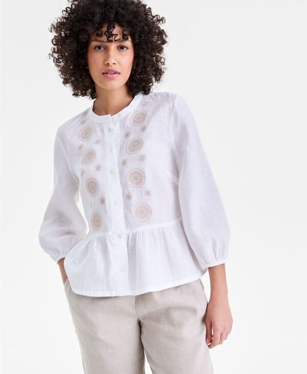 チャータークラブ レディース トップス シャツ 刺繍 リネン Charter Club Womens 100 Linen Embroide redFront Peplum Top Bright Whi