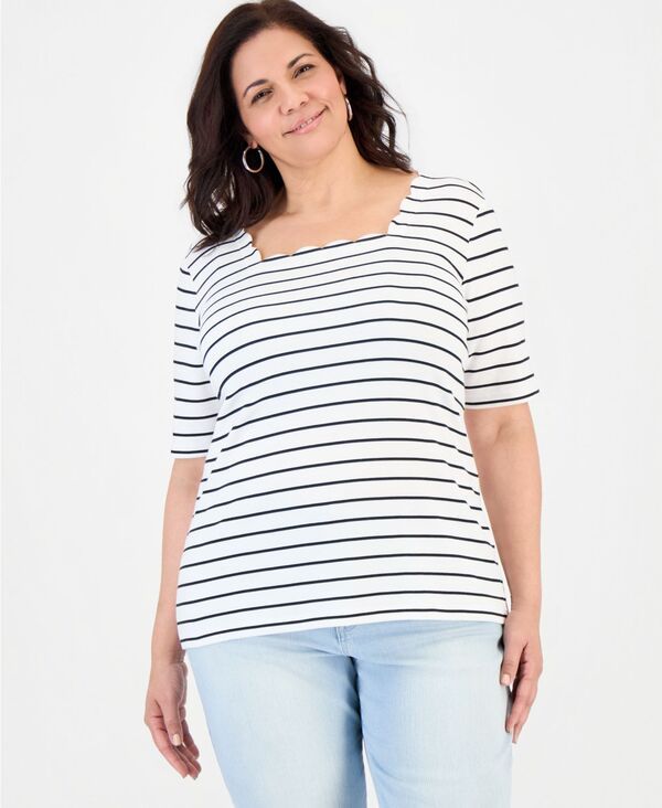 スタイルアンドコー レディース トップス シャツ Style Co Womenstriped Scalloped SquareNeck Top Bright White ホワイト 6,445円