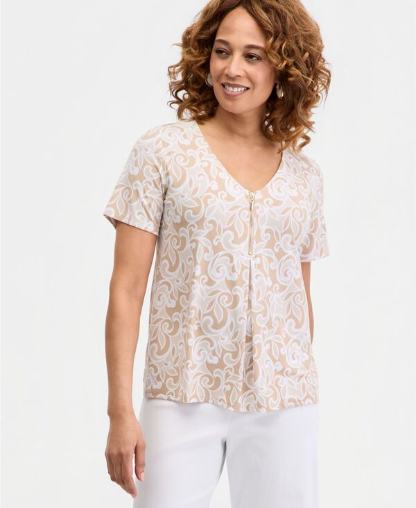 ジェイエムコレクション レディース トップス シャツ Vネック プリント JM Collection Womens Printed Front Zipper VNeck Top Coffee Cake
