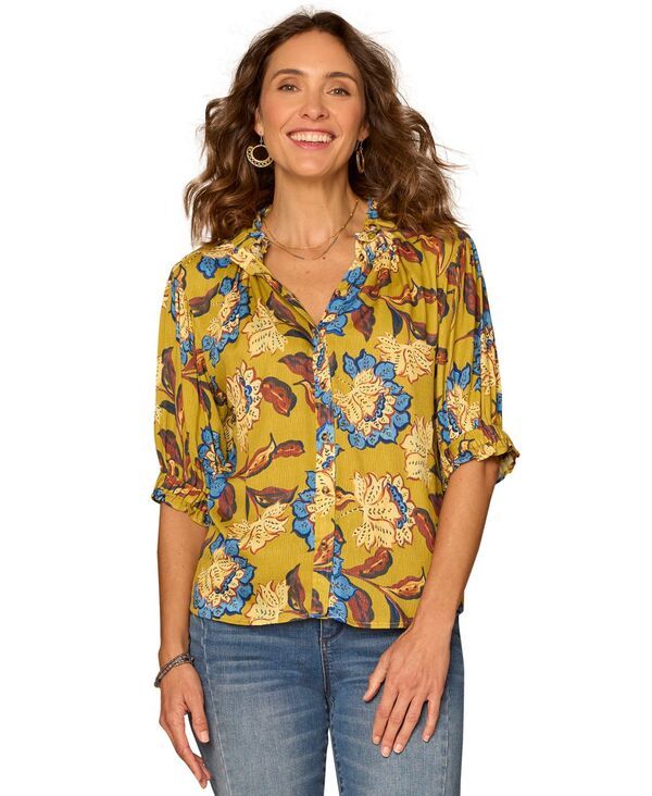 デモクラシー レディース トップス シャツ プリント Democracy Womens ElbowSleeve Printed Colla red Top Chartreuse Multi シャルトリ