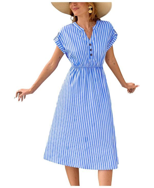 カップシー レディース トップス ワンピース ミディ Cupshe Womens Water Color Striped Midi Beach Dress Medium blue ブルー