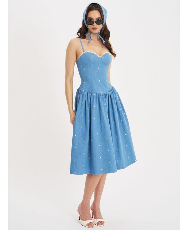 ミスサークル レディース トップス ワンピース ミディ コットン デニム Miss Circle Womens Zadie Cotton Denim Drop Waist Embroidery Flo