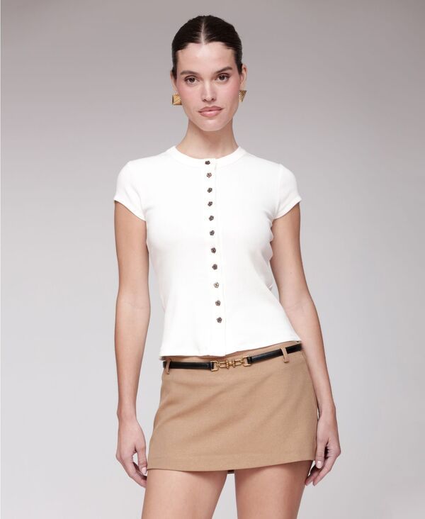 アヴェックレフィーユ レディース トップス シャツ クルーネック Avec Les Filles Womens ButtonFront Crew Neck Top White ホワイト
