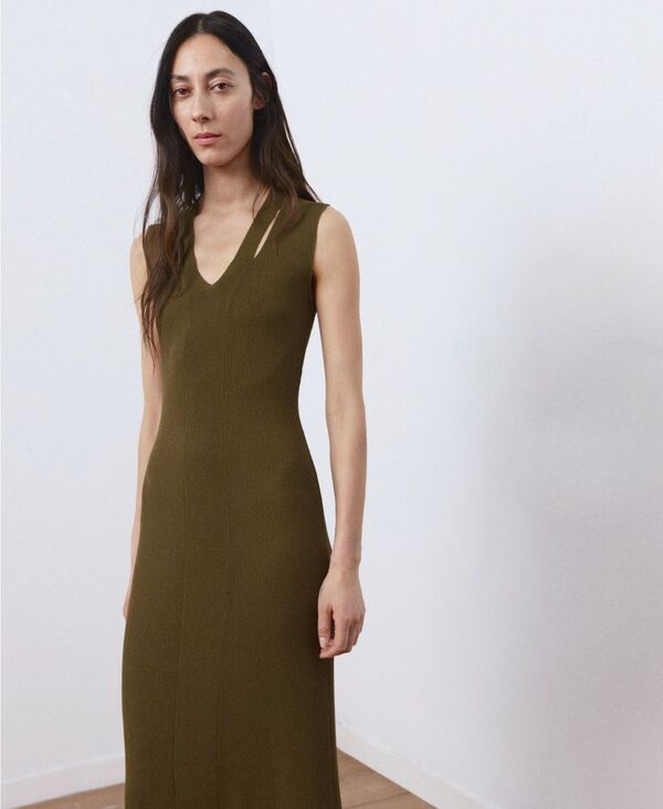マンゴ レディース トップス ワンピース ニット MANGO Womens FineKnit Flaredress Khaki カーキ