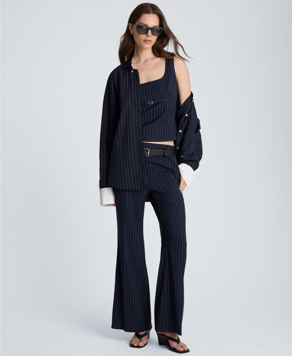 ケネスコール レディース ボトムス カジュアルパンツ Kenneth Cole Womens Pinstripe Belted Flare Pants Dk Navyoyster ネイビー