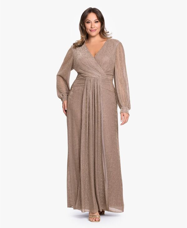 ベッツィアンドアダム レディース トップス ワンピース Vネック Betsy Adam Womens Crinkled VNeck Ball Gown Taupe Gold トープ