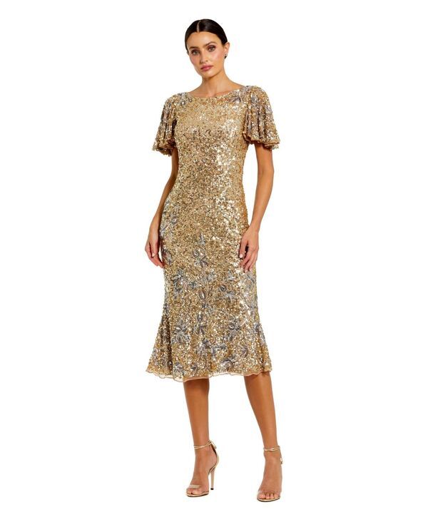 マックダガル レディース トップス ワンピース フラワー柄 ミディ スパンコール フラワー Mac Duggal Womens Flutter Sleeve Floral Embellished Se