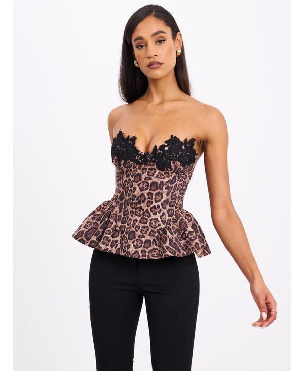 ミスサークル レディース トップス シャツ レーストリム プリント レース Miss Circle Womens Qiara Cheetah Print Peplum Top with Lace Tr