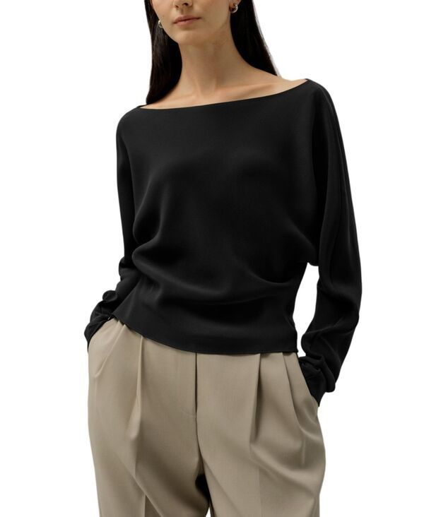 リリーシルク レディース トップス シャツ LILYSILK Womens Long Sleeve Gathe red Silk Top Black ブラック