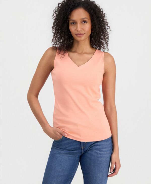 スタイルアンドコー レディース トップス シャツ Vネック ノースリーブ コットン Style Co Womens Cotton Scalloped VNeck Sleeveless Top Oran