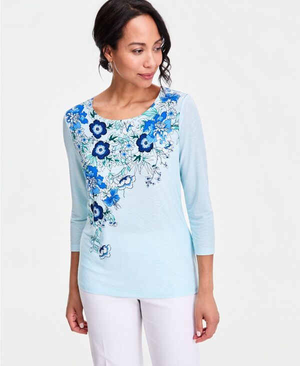 ジェイエムコレクション レディース トップス シャツ プリント JM Collection Womens Printed ScoopNeck 34Sleeve Top Aqua Icy アクア