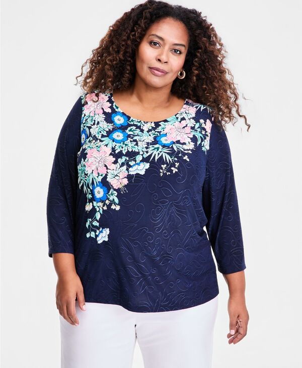 ジェイエムコレクション レディース トップス シャツ プリント JM Collection Womens Printed ScoopNeck 34Sleeve Top Intrepid Blue ブル