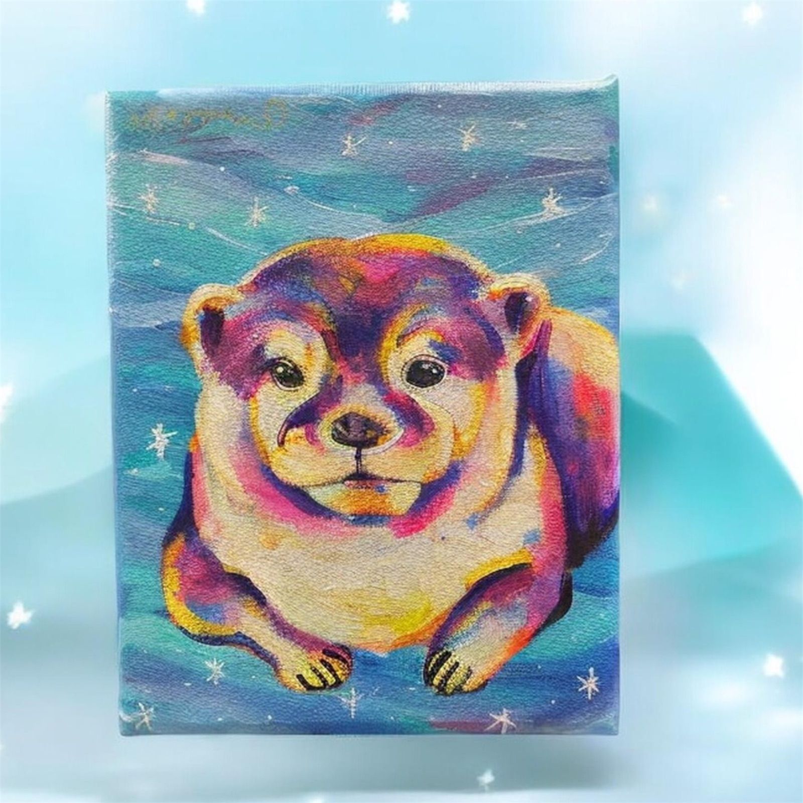 F0キャンバス○カラフルなカワウソ 動物画 真作 絵画 原画 現代アート