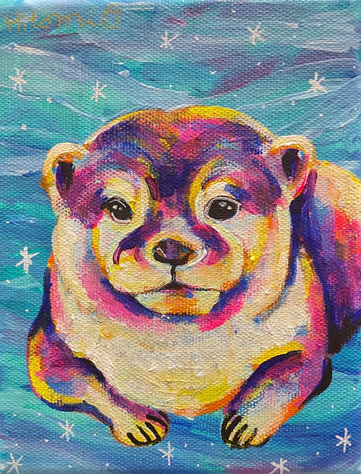 F0キャンバス○カラフルなカワウソ 動物画 真作 絵画 原画 現代アート