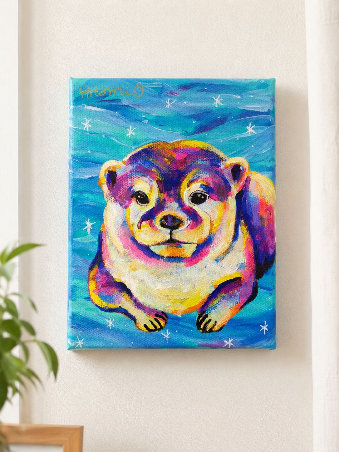 F0キャンバス○カラフルなカワウソ 動物画 真作 絵画 原画 現代アート