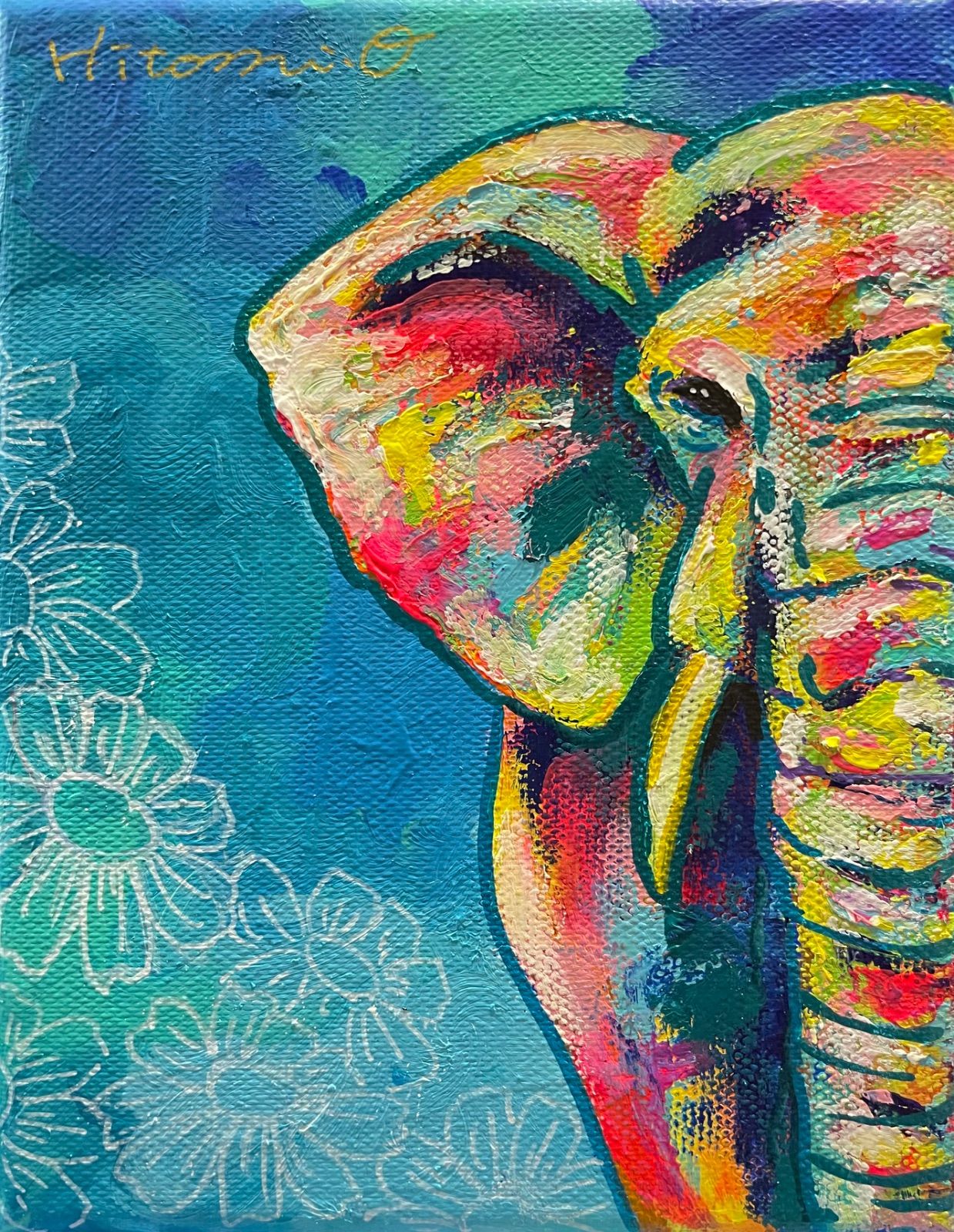 F0キャンバス○カラフルなゾウの絵 真作 絵画 原画 現代アート 抽象画