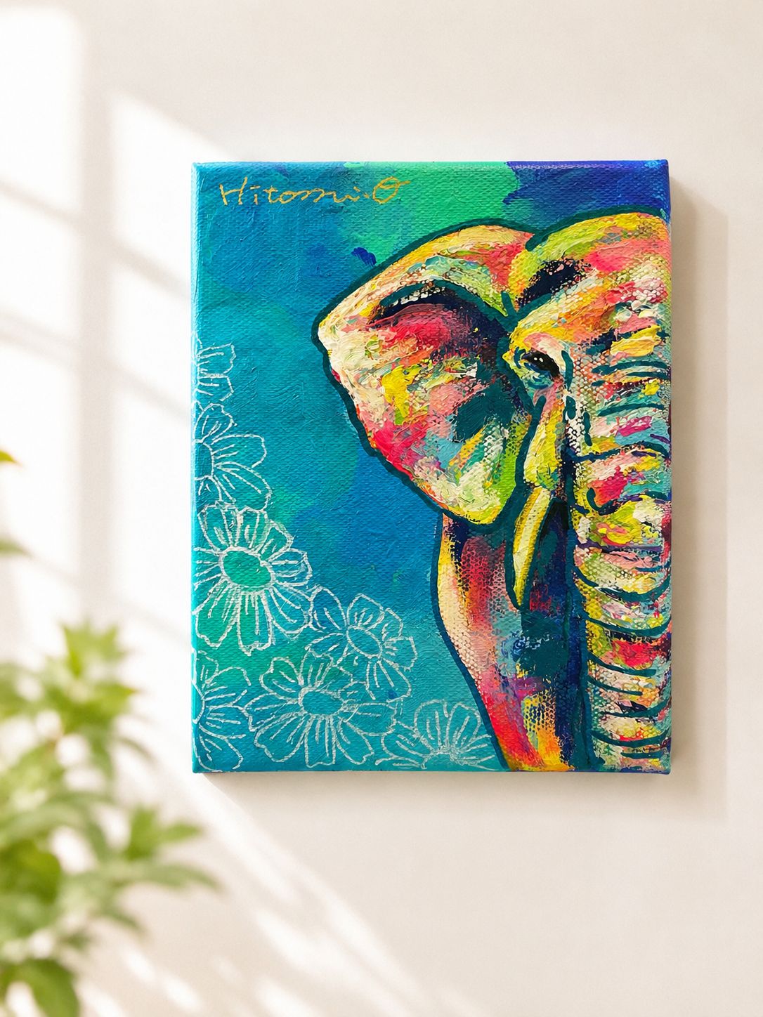 F0キャンバス○カラフルなゾウの絵 真作 絵画 原画 現代アート 抽象画