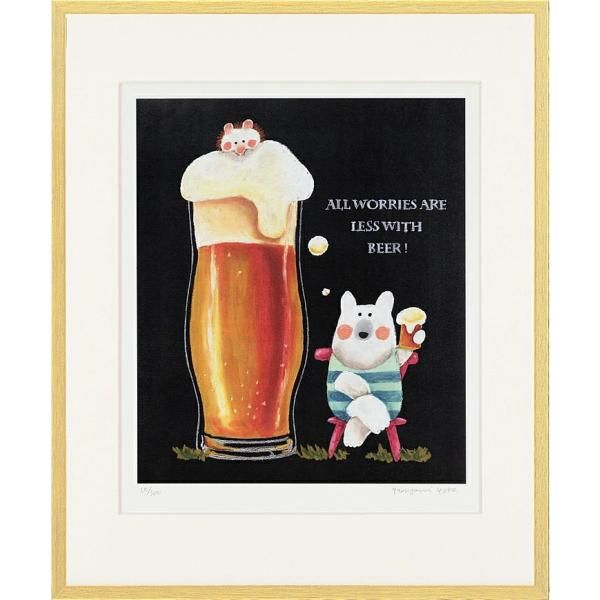 日本の名画 絵画 ジークレー版画 額装絵画 やぶがみようこ 「ビール」 四ッ切