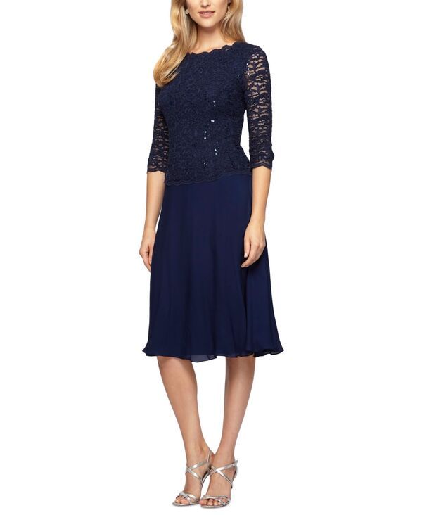 アレックスイブニングス レディース トップス ワンピース プチ Alex Evenings Petite CowlBack TeaLength Dress Navy ネイビー