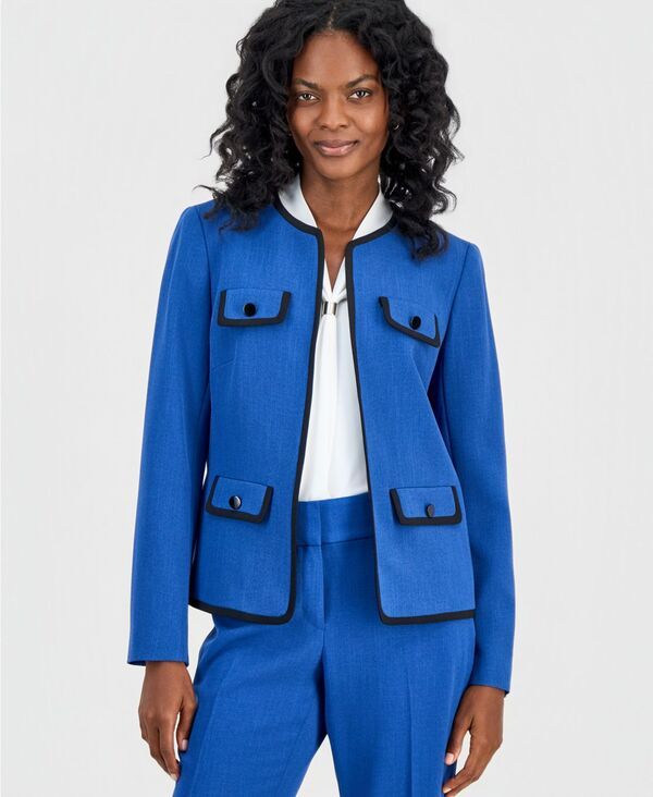 カスパール レディース アウター ジャケット・ブルゾン プチ コントラスト Kasper Womens Collarless ContrastPiping Jacket Regular Petite