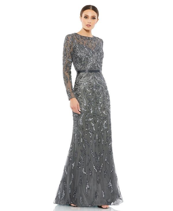 マックダガル レディース トップス ワンピース Mac Duggal Womens Beaded Long Sleeve Evening Gown Charcoal チャコール