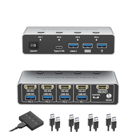 KVMスイッチ 8K HDMI USB 切替器 4ポート（PC4台用）8K@60Hz 4K@120hz HDMI2.1 HDCP2.3 スプリンター キーボード/マウス/モニターを共有 メモリ/プリンター/外付けハードディスク対応 ドライバー 7a0e8bef