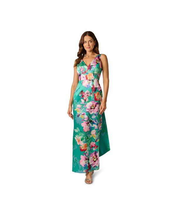 アドリアナ パペル レディース トップス ワンピース Vネック プリント Adrianna Papell Womens Printed Mikado Bow Back VNeck Gown Green