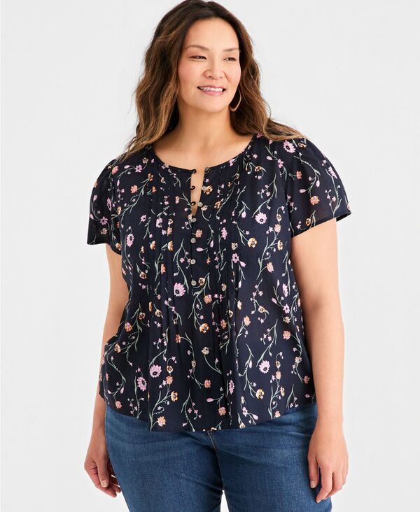 スタイルアンドコー レディース トップス シャツ プリント コットン Style Co Womens Printed Cotton Pintuck FlutterSleeve Top Delicate