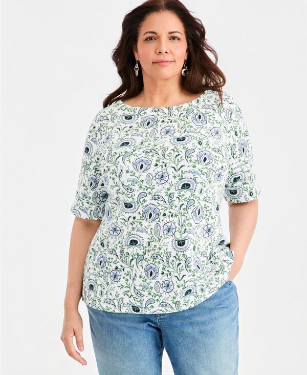 スタイルアンドコー レディース トップス シャツ プリント Style Co Womens Printed BoatNeck ElbowSleeve Top Bright White ホワイト