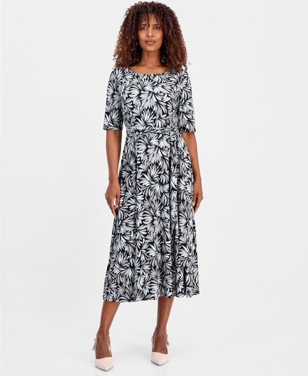カスパール レディース トップス ワンピース プリント Kasper Womens Printed ElbowSleeve Fit Flare Dress Black Multi ブラック