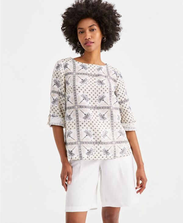 チャータークラブ レディース トップス シャツ リネン Charter Club Womens 100 Linen DRing Topalm Print