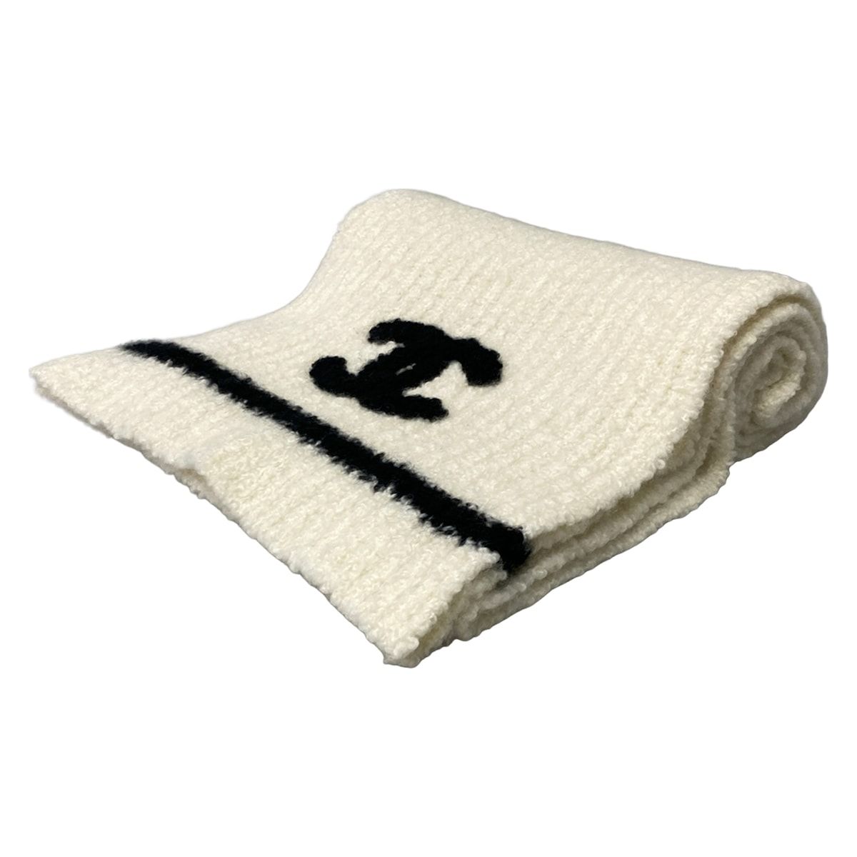 CHANEL(シャネル) マフラー美品 - 白×黒 リブ/ココマーク カシミヤ、シルク
