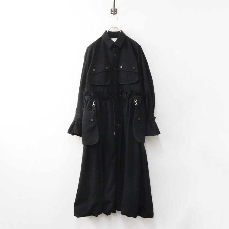 ノワール ケイニノミヤ noir kei ninomiya ウエストギャザー フリルコート S｜ブラック トップス 前開き ロング Aライン【2400015079172】