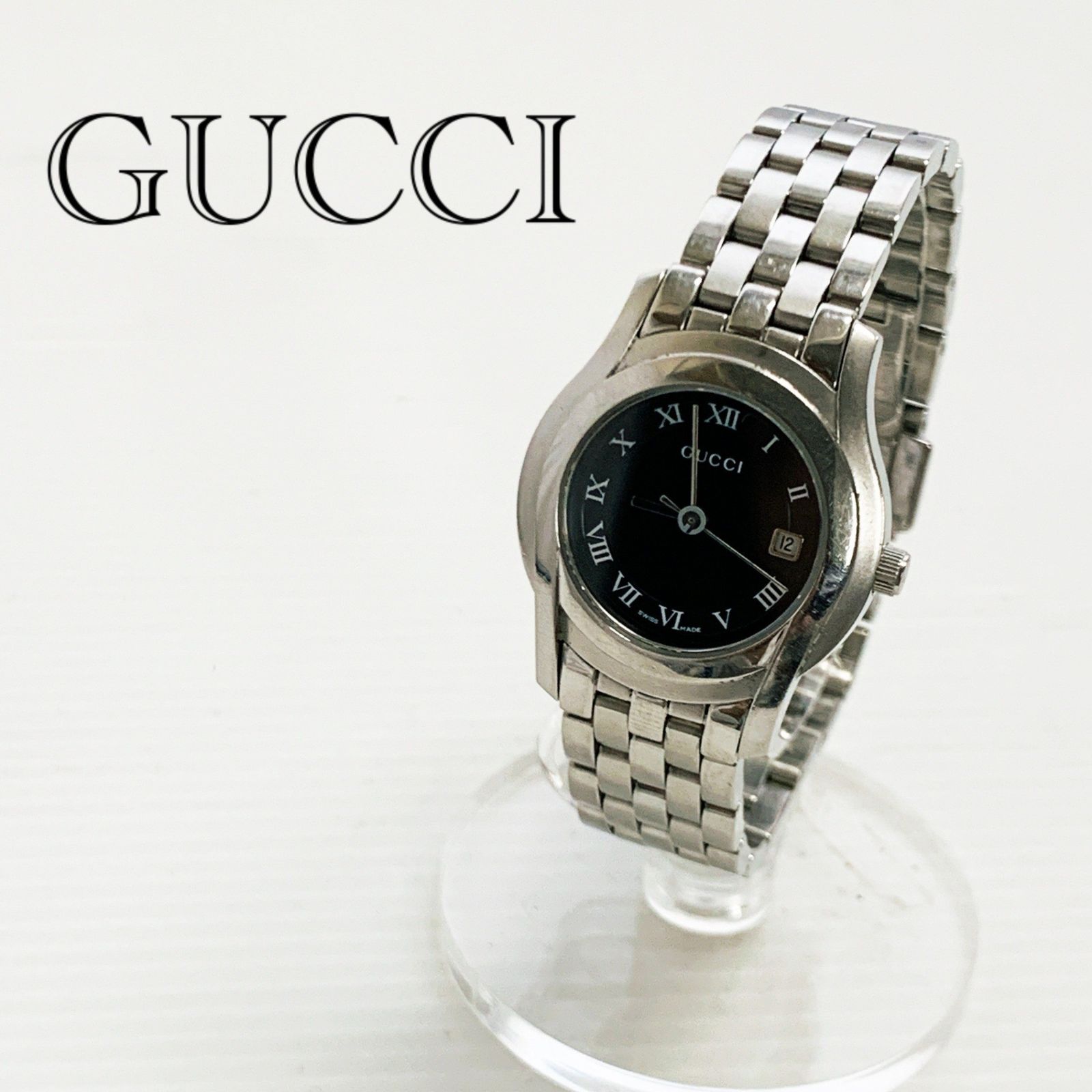 GUCCI グッチ 腕時計 5500L クォーツ アナログ ウォッチ 3針 カレンダー デイト ラウンドフェイス 黒文字盤 ブラック シルバー _218