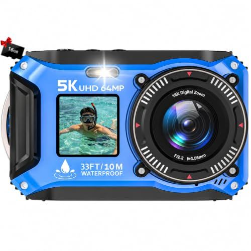水中カメラ 5K録画 64MP デジカメ 10M防水 デュアルスクリーン 防水カメラ 自撮り 16GB付き コンパクト アウトドア | オートフォーカス 16倍デジタルズーム ウェブカメラ 保護ケース不要 操作簡単 防塵耐衝撃 コンパクト アウトドア ダpms 15,000円