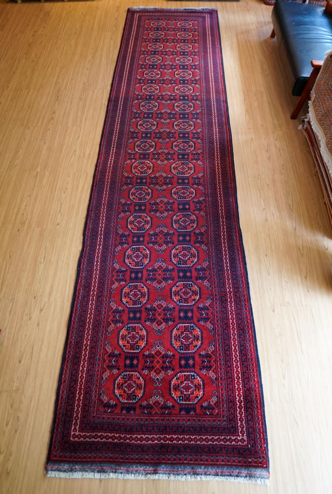アフガン手織り絨毯 ヘラート産 ランナー 387×90cm｜伝統のギュル文様 ウールラグ