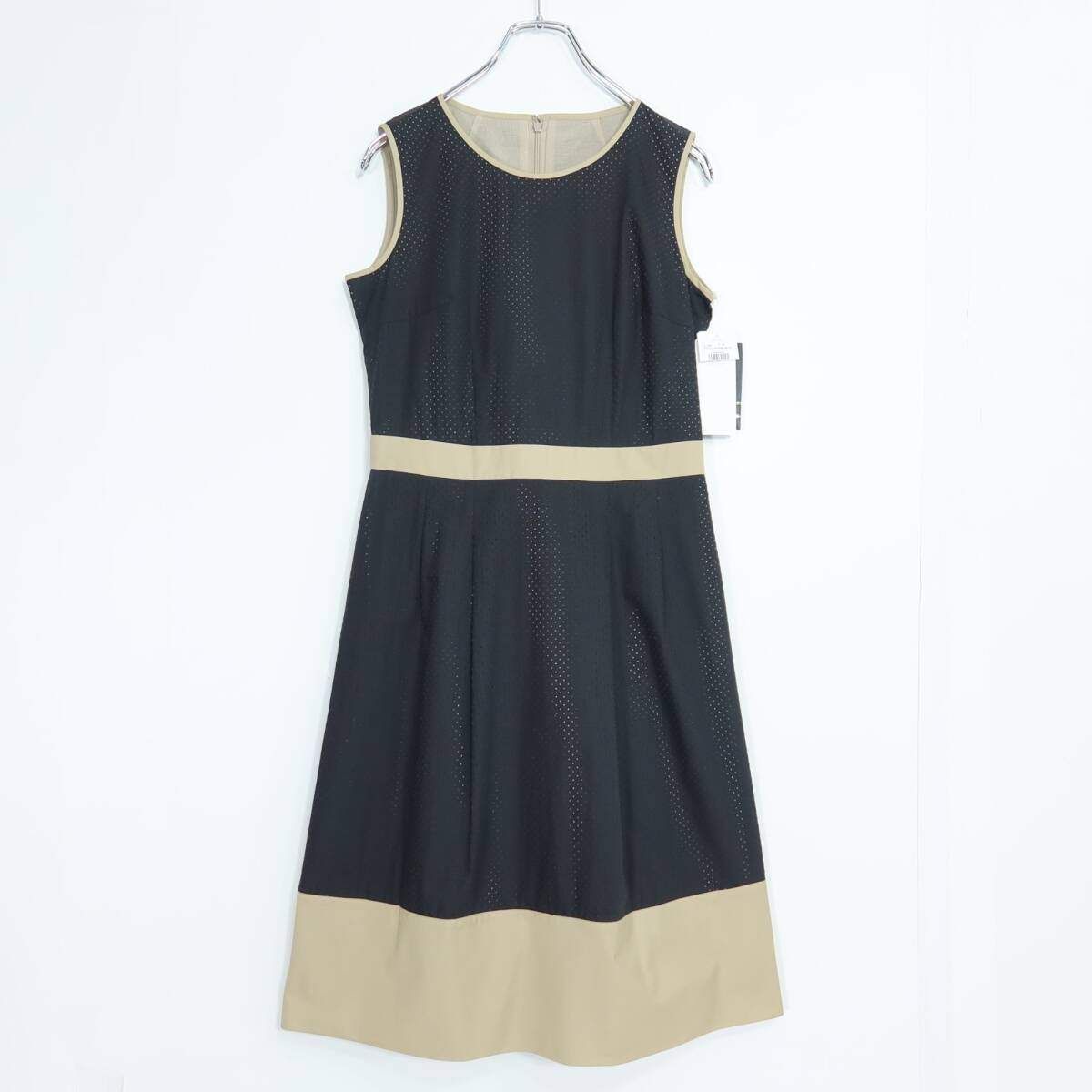 【美品・紙タグ】レリアン★配色デザイン♪ノースリーブワンピース サイズ7号 黒系 パンチングレース♪薄手 z20417 8,250円
