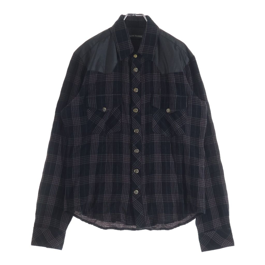CHROME HEARTS (クロムハーツ) WESTN ウエスタン フローラルクロスボタン レザークロスパッチ ガーゼ 総柄チェック ロングスリーブ 長袖シャツ ブラック/レッド